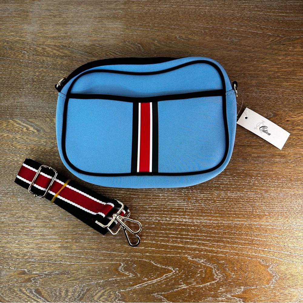 Odiva Blue Neoprene Crossbody Bag with Red/black Stripe New with tag.